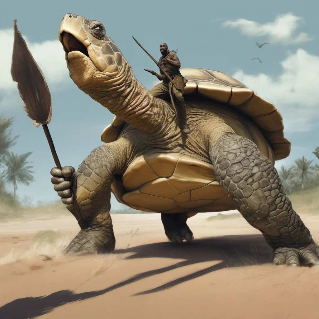 aia man with a spear running away while screaming from a giant turtle%2C trending on 