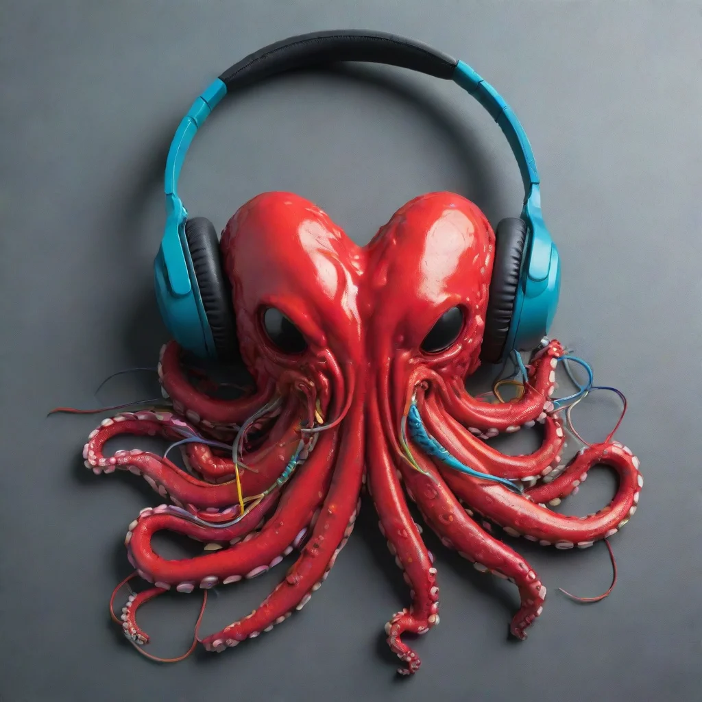 a mangled heart that bleeds slightly but has octopus tentacles that are headphone jacks. this wearing headphones or earphones is red but with multicolored %28dark%29 cables
