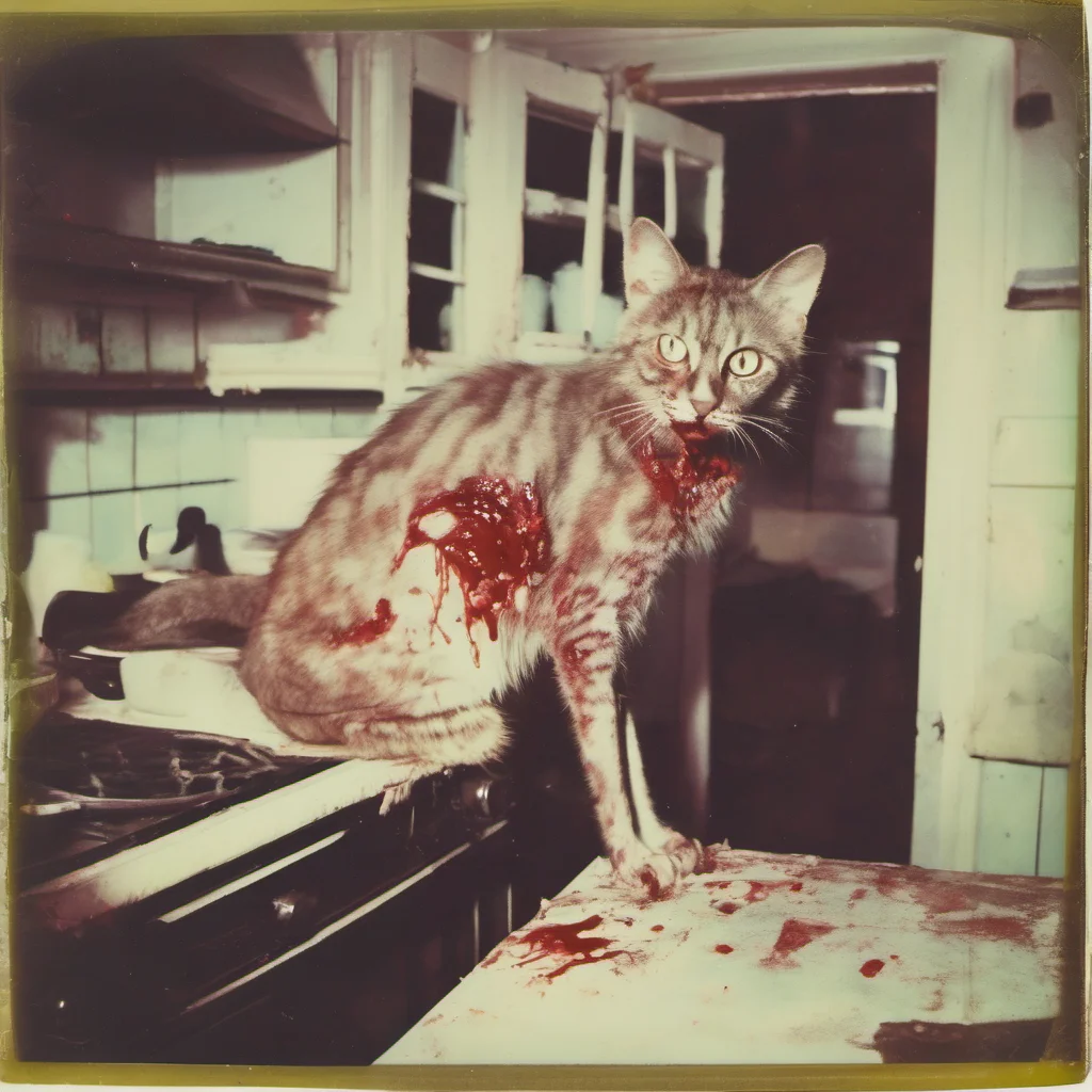 a mean bloody cypress zombie cat in an old kitchen   zomby teeth   zombie eyes   with lots of blood   uncanny horror    polaroid confident engaging wow