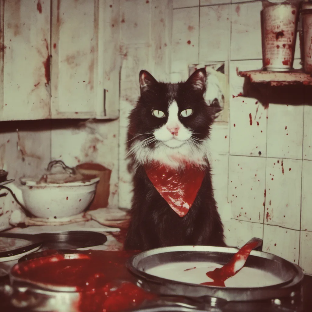 a mean bloody cypress zombie cat in an old kitchen   zomby teeth   zombie eyes   with lots of blood   uncanny horror    polaroid