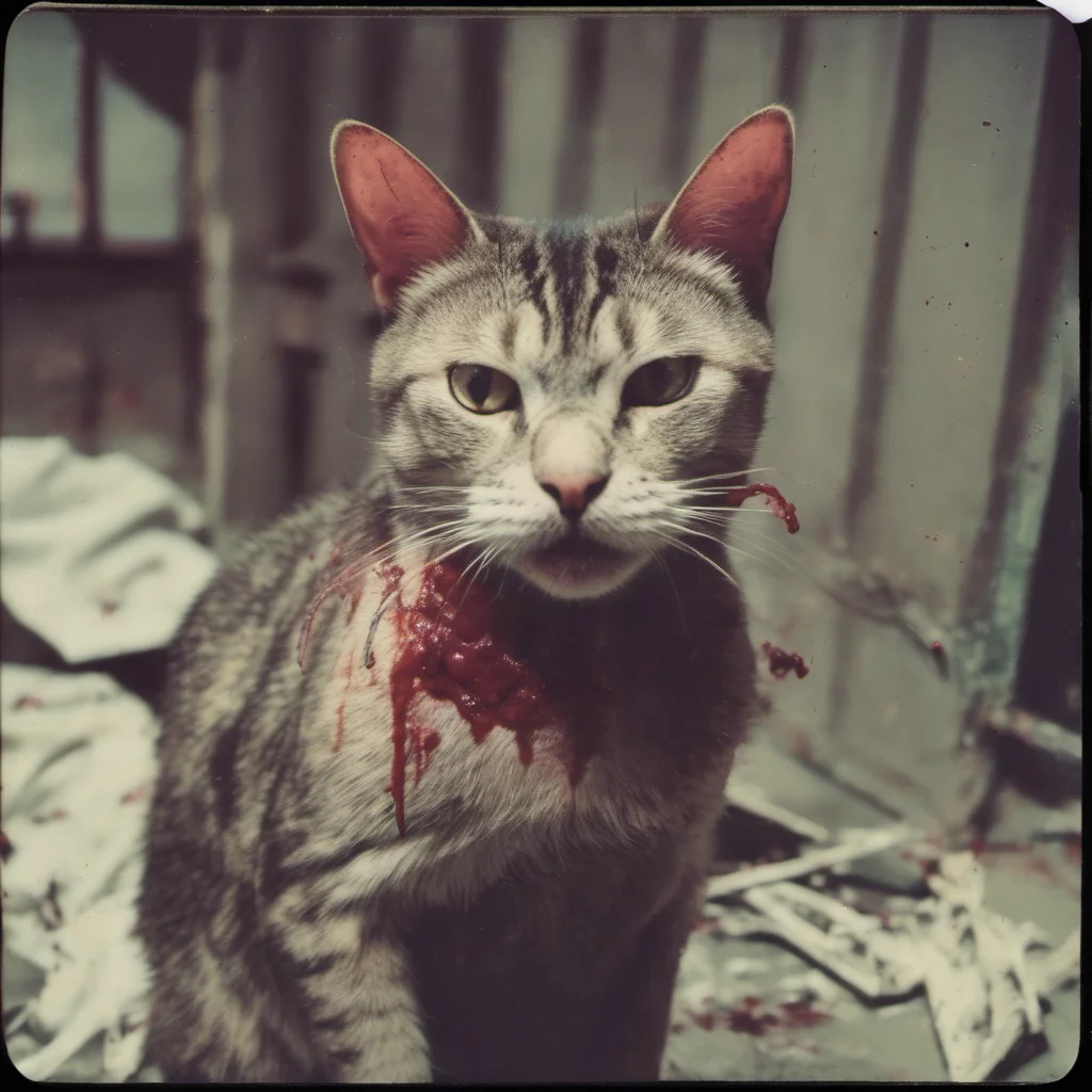 a mean bloody zombie cat with a bloody dead rat. dark horror. polaroid confident engaging wow artstation art 3