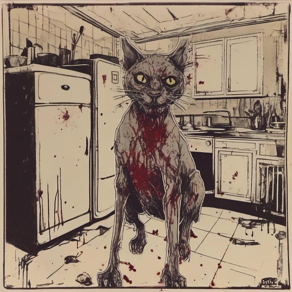 a mean cyper zombie cat in an old kitchen with lots of blood   uncanny polaroid good looking trending fantastic 1