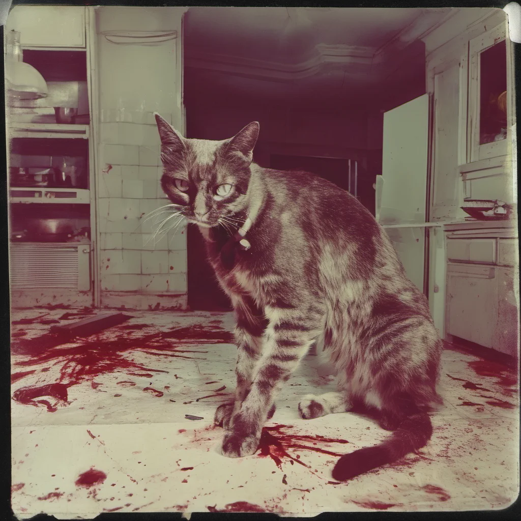 a mean cyper zombie cat in an old kitchen with lots of blood   uncanny polaroid