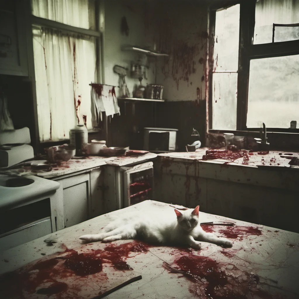 a mean cypress zombie cat in an old kitchen with lots of blood   uncanny polaroid confident engaging wow artstation art 3
