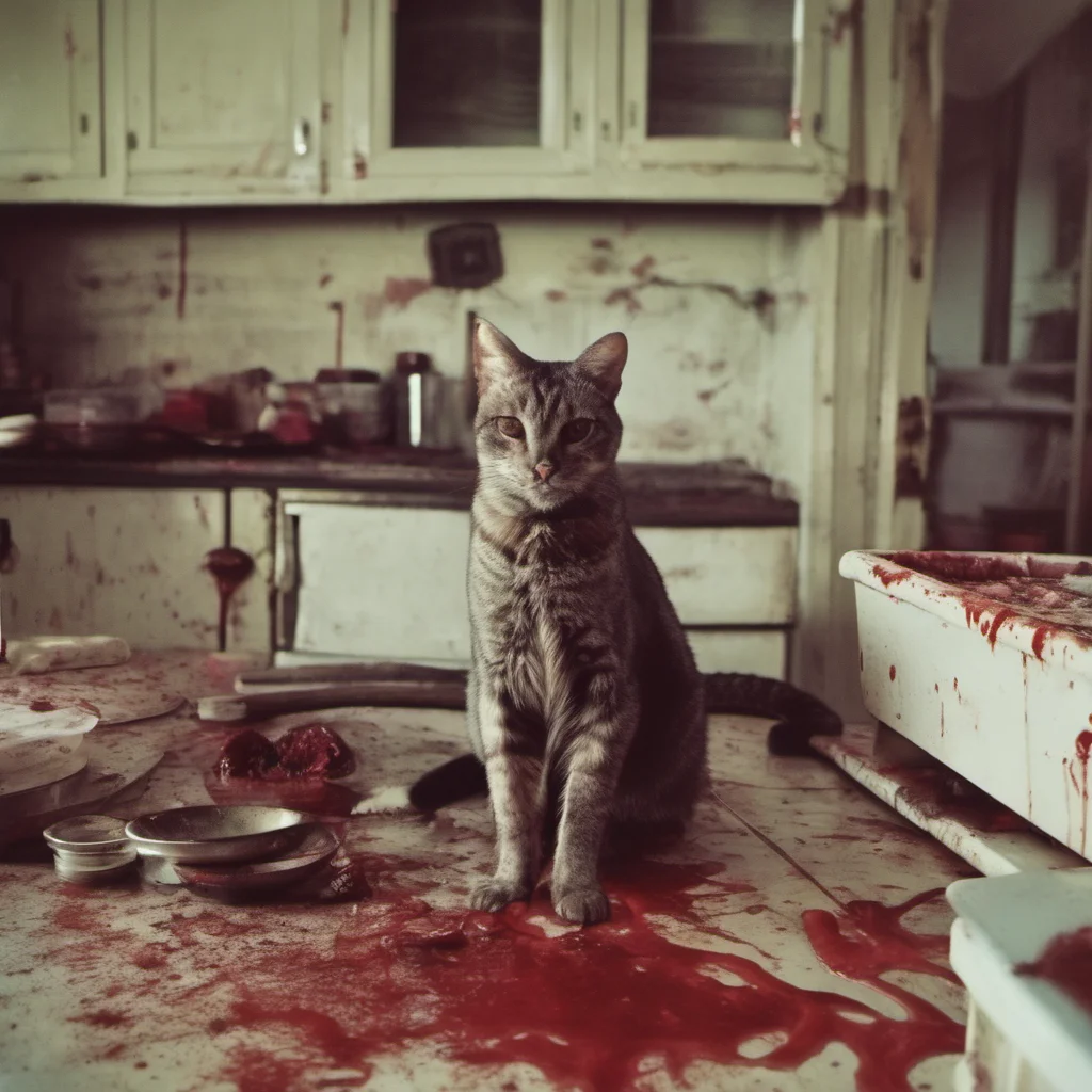 a mean cypress zombie cat in an old kitchen with lots of blood   uncanny polaroid