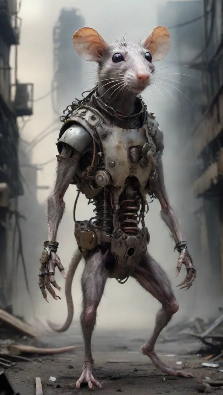 a mechanical rat humanoid in an apocalypse  tall