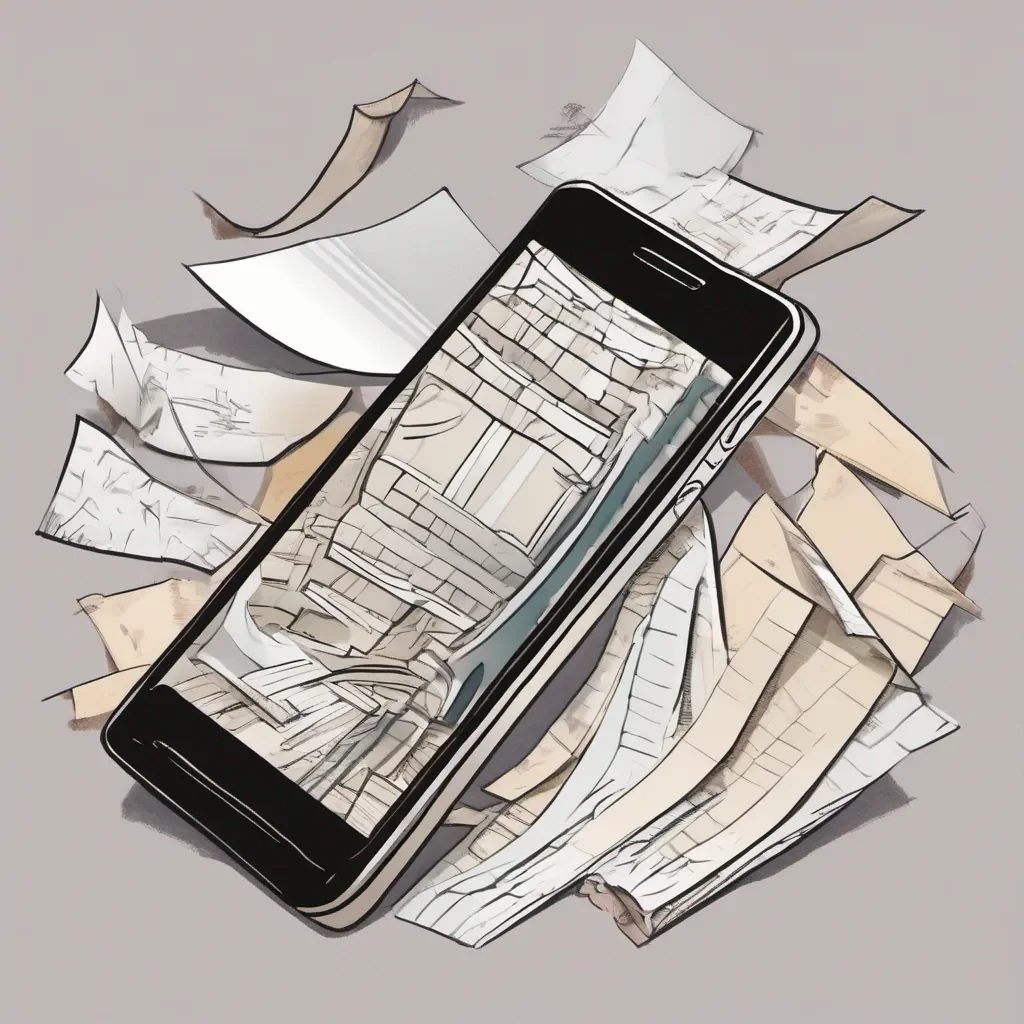 a mobile phone with screen shown with several pieces of paper seeming to curve into it cartoon style
