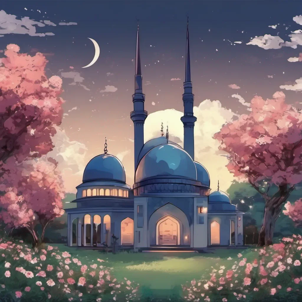 a mosque among flowers and trees%2C crescent moon in the sky. anime confident engaging wow artstation art 3