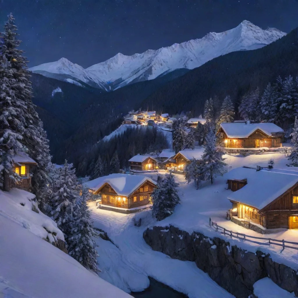 aia mountain village with snow and pine trees in the night