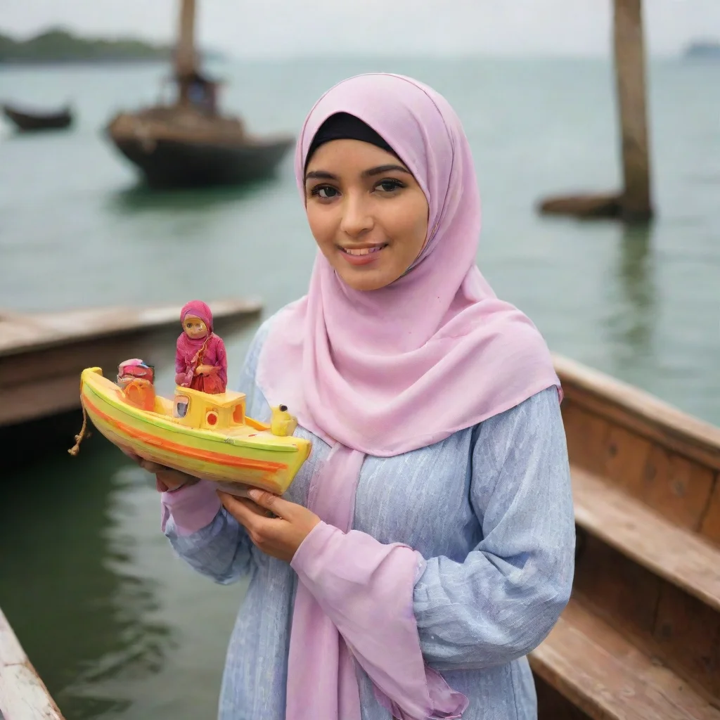 aia muslim woman wearing hijab holding a toy%2C standing on an old boat