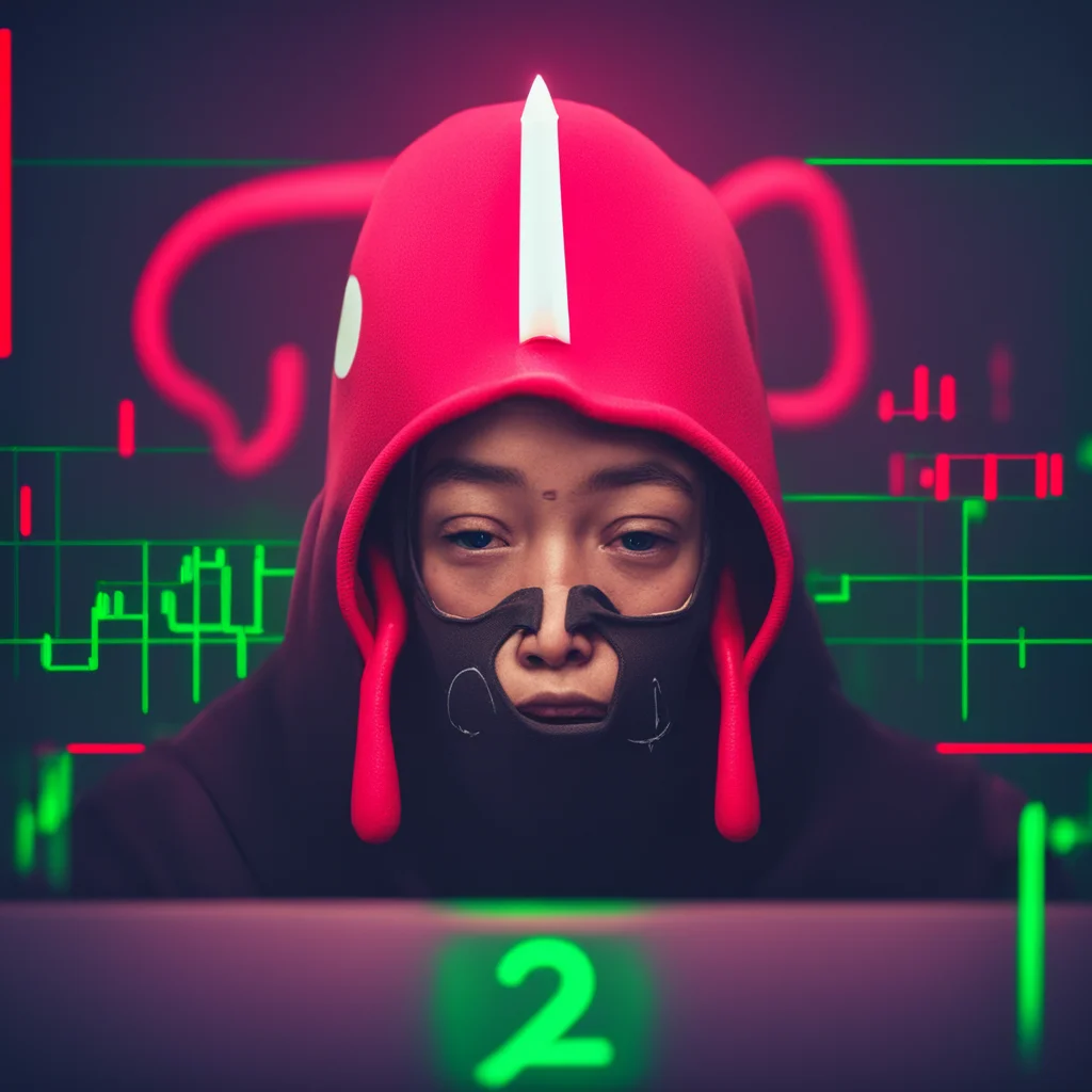 aia nervous squid game player with the %24squidgame logo on their face mask%2C watching a red candlestick on a crypto chart
