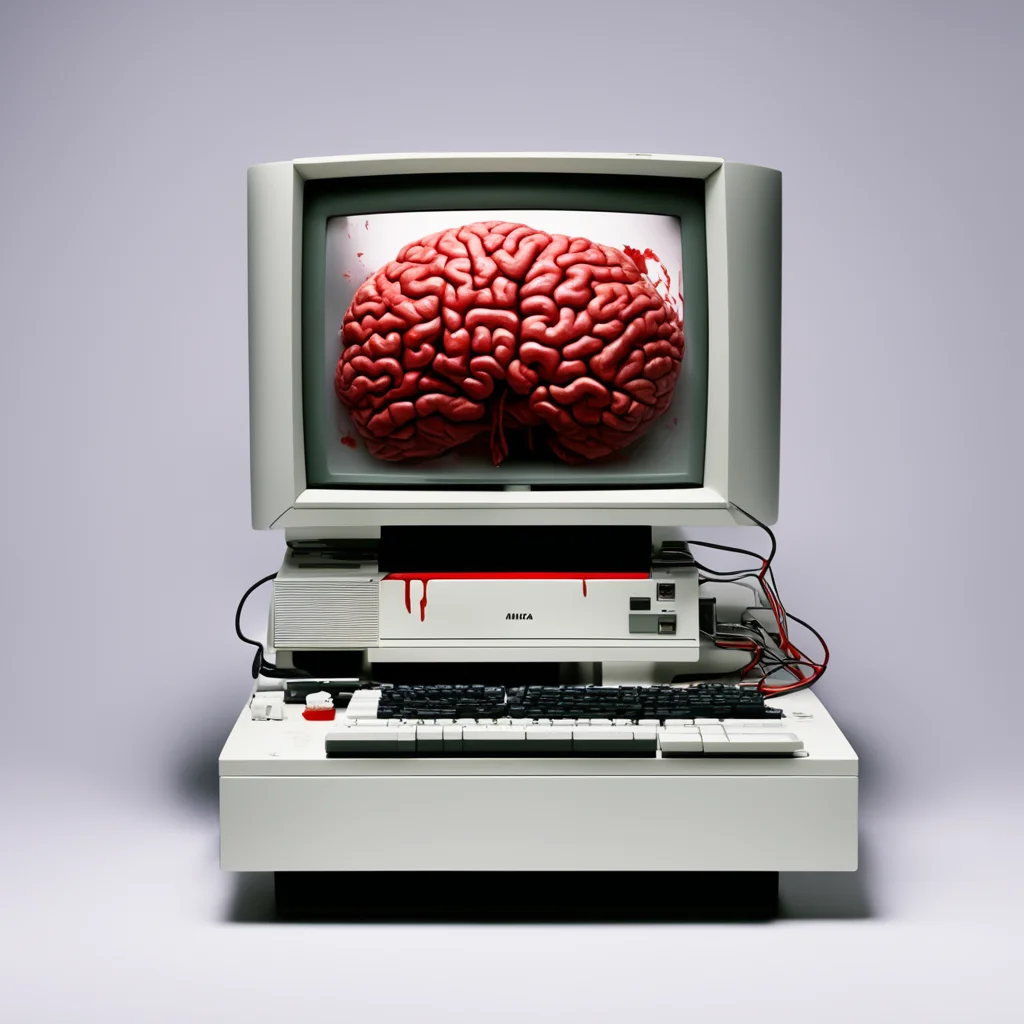 a new amiga 1000 computer with a bloody brain on top of the monitor good looking trending fantastic 1
