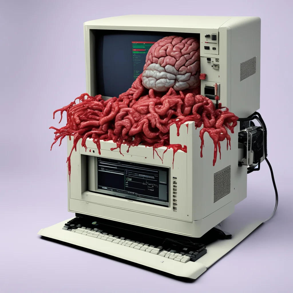 a new amiga 1000 computer with a bloody brain on top of the monitor