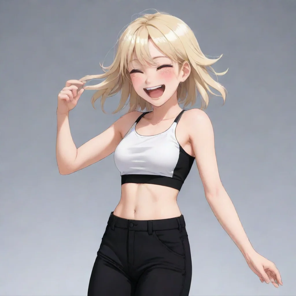 a pale white average anime girl is laughing due to being tickled on her belly by a floating hand on her sexy smooth midriff which is seen by a crop top and also wears black