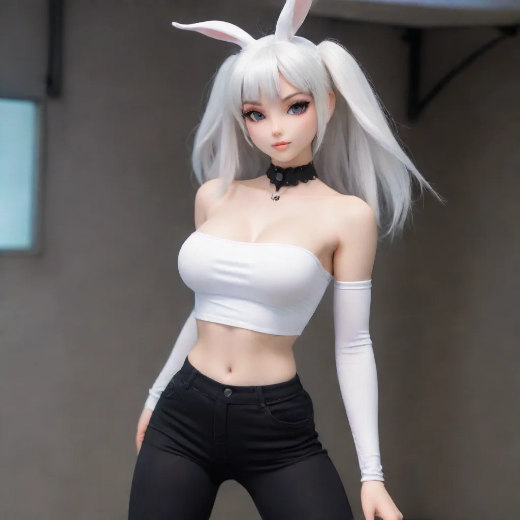 a pale white humanoid bunny animatronic that looks like an average anime girl is tickled on her sexy smooth midriff which is seen by a crop top and also wears black pants.