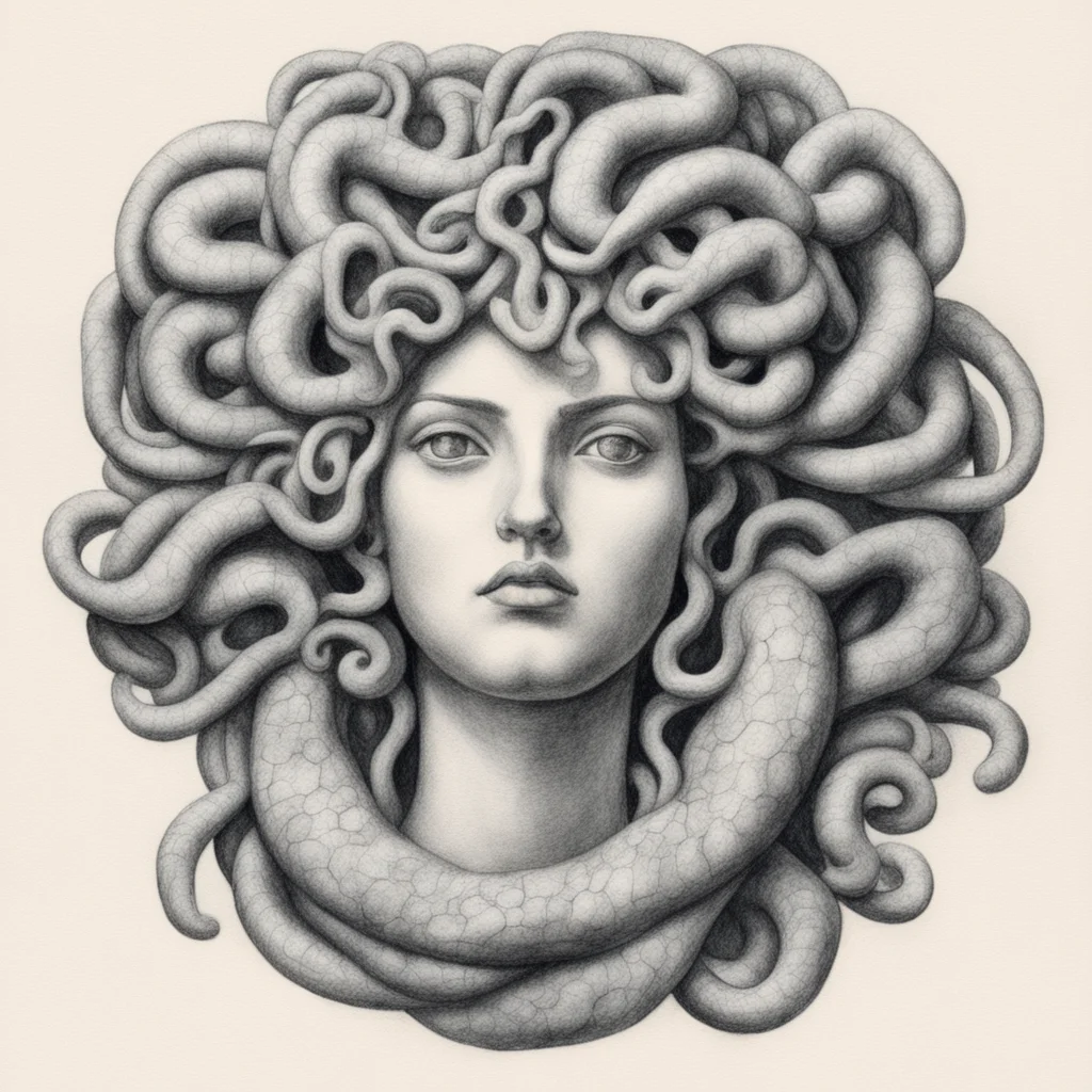 a pencil drawing of a stone medusa in the style of luigi serafini