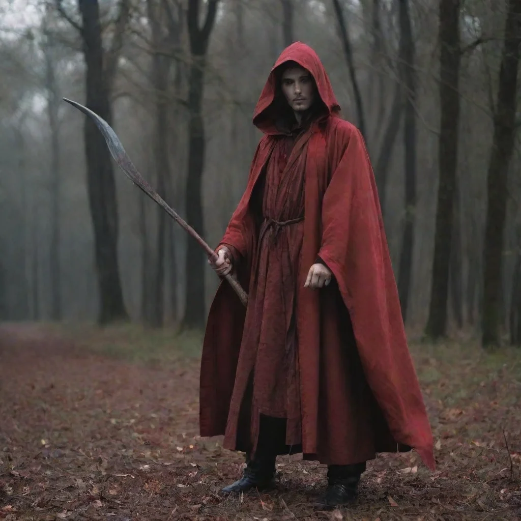 a person holding a long scythe with a blood red robe on