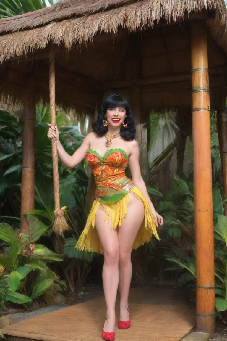 a person in a tiki hut dressed up as a character from the tiki room having a swing time with betty page and a maitai living it up can you dig it%3F get retro get