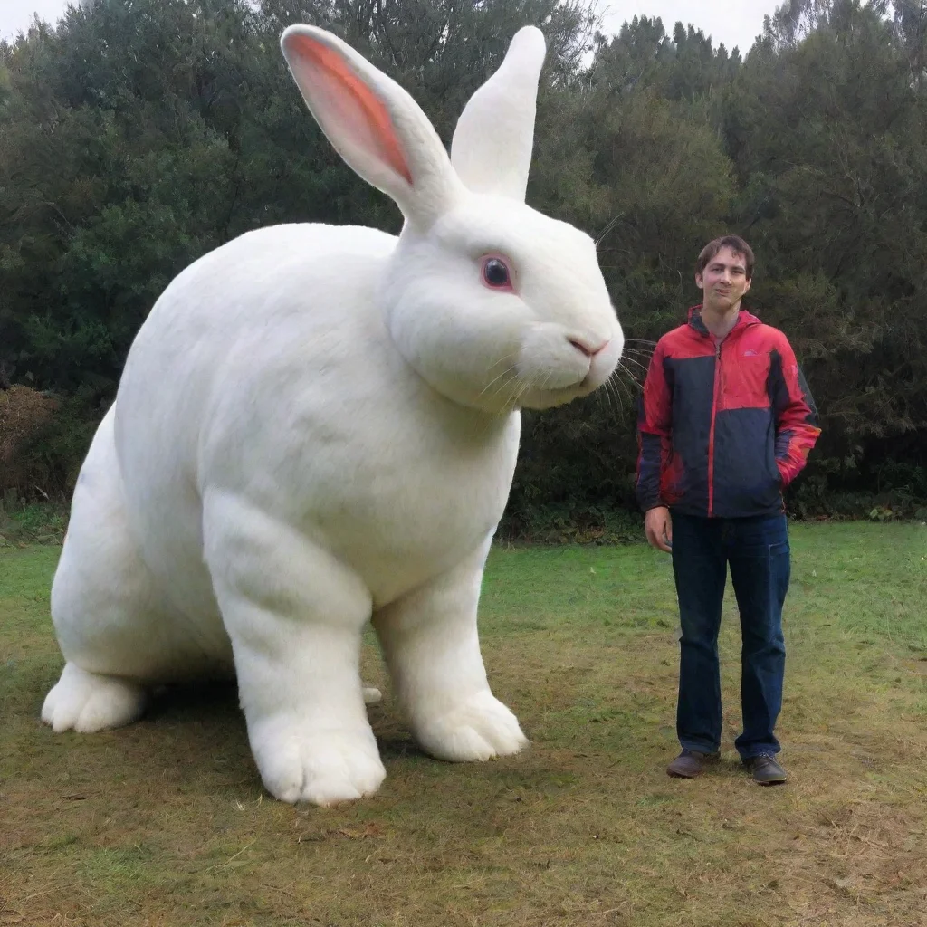 aia person standing next to a giant rabbit