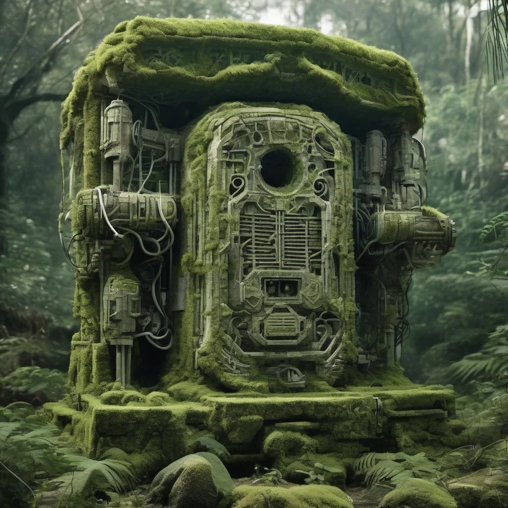 a photo taken from a long way away of a carved stone sculpture of a highly detailed technically complex futuristic aed machine with moss and lots of pipes%2C abandoned in a jungle amazing awesome po