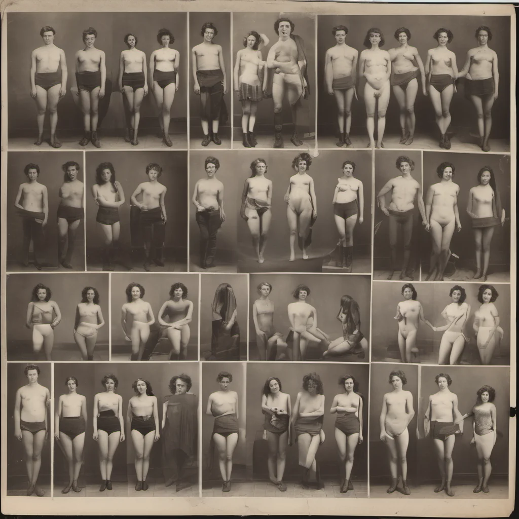 a photographic classroom of male and female students in various states of undress  