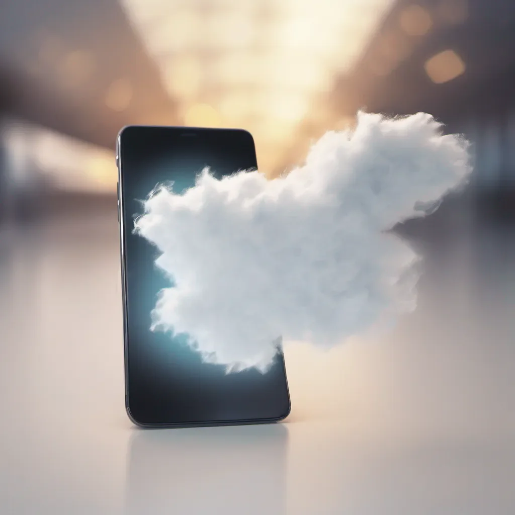 a piece of paper racing through white fluffy over exposed clouds on its way to a mobile application shown in the background with a glow around it good looking trending fantastic 1