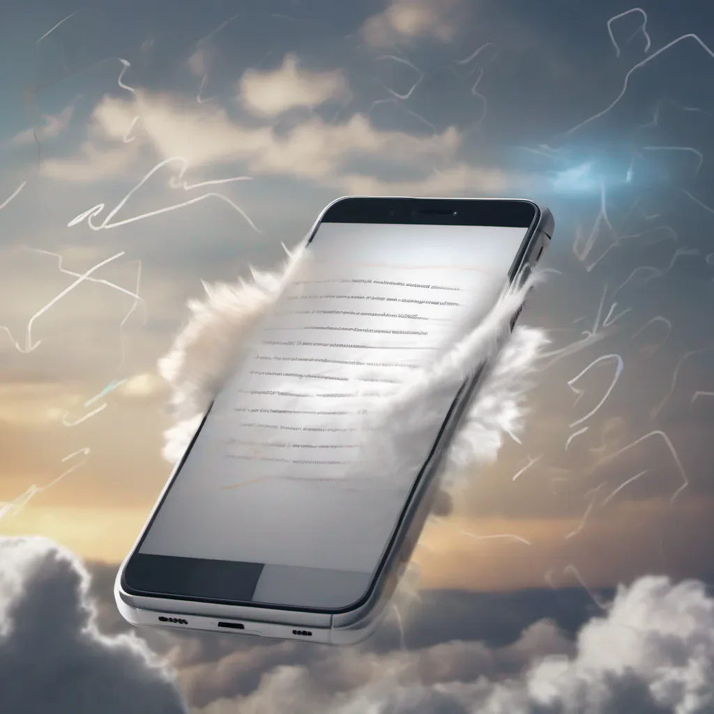 a piece of paper with writing on it racing through white fluffy over exposed clouds on its way to a mobile application shown in the background with a glow around it confident engaging wow artstation