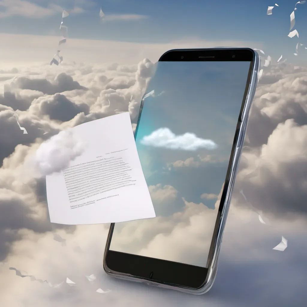 a piece of paper with writing on it racing through white fluffy over exposed clouds on its way to a mobile application shown in the background with a glow around it good looking trending fantastic