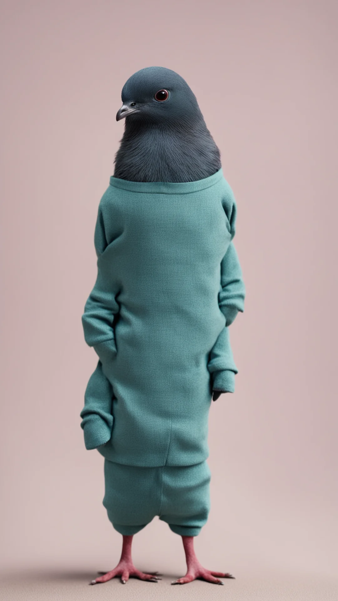 a pigeon wearing a tracksuit in a stop motion movie tall