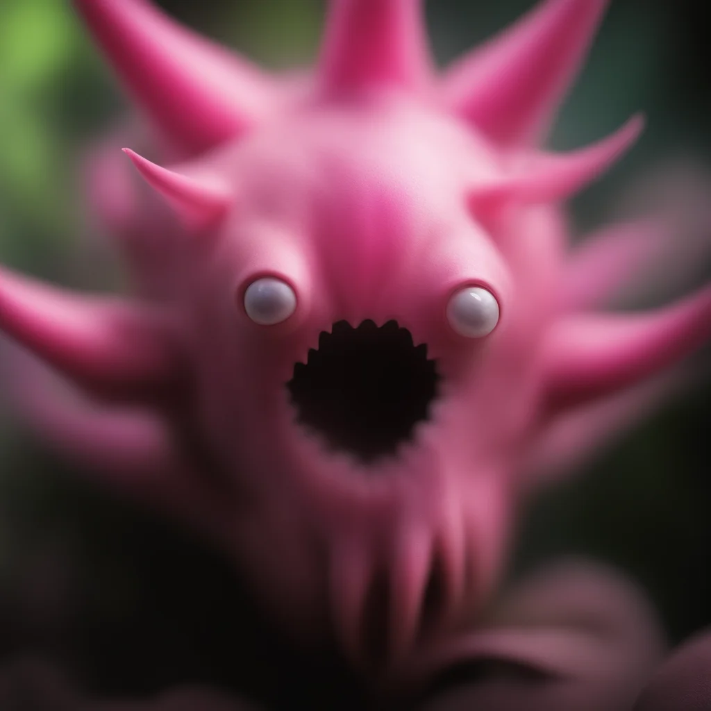 a pink alien plant with teeth zoomed out