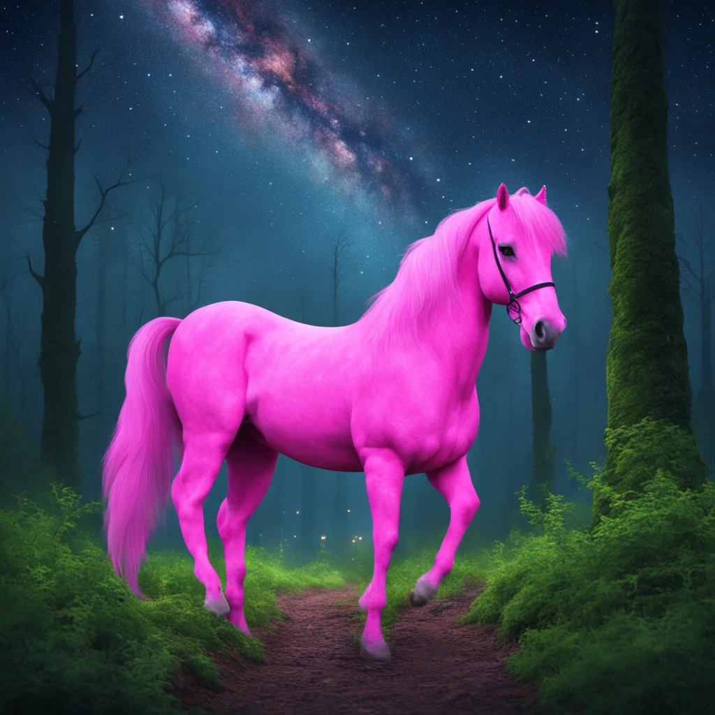a pink horse wanders through a dense forest under a starry sky amazing awesome portrait 2