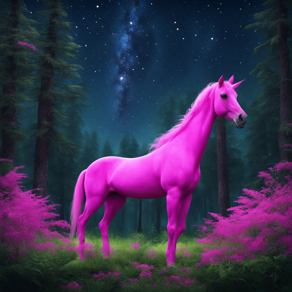 a pink horse wanders through a dense forest under a starry sky confident engaging wow artstation art 3