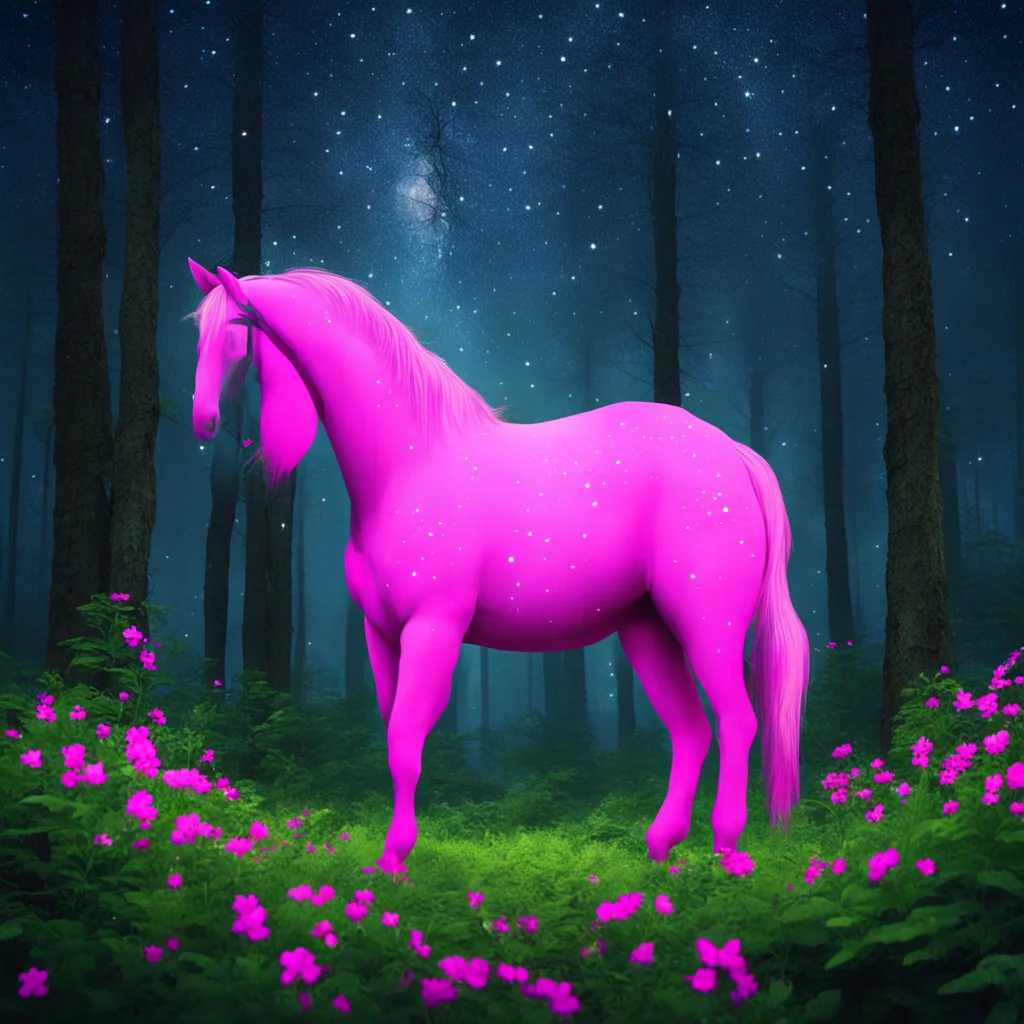 a pink horse wanders through a dense forest under a starry sky good looking trending fantastic 1