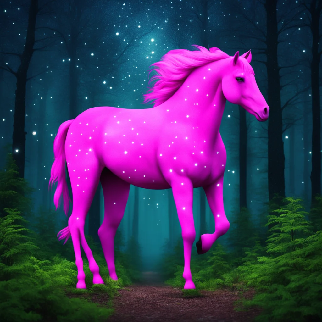 a pink horse wanders through a dense forest under a starry sky