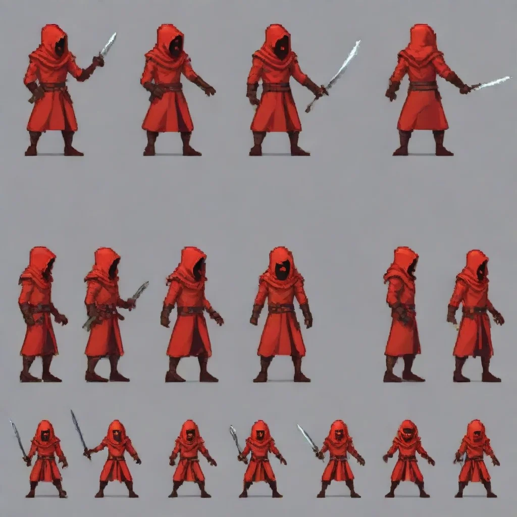 aia pixel art sprite sheet of a red cultist%2C with its 6 frames for its walking animation and 6 frames for its attacking with a sword animation.