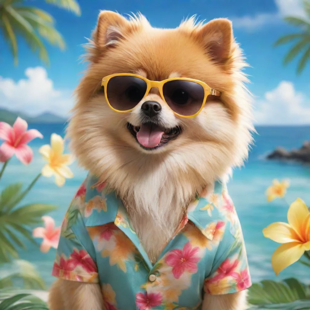 aia pomeranian with sunglasess and a golden neckless wearing a hawaiian shirt%2C anime style