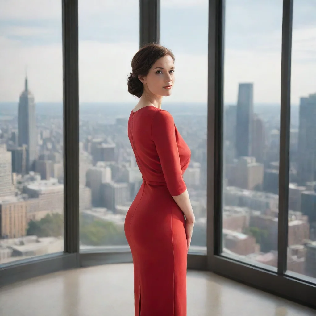 aia portrait of a woman wearing a red dress%2C standing in front of a large window with a cityscape view