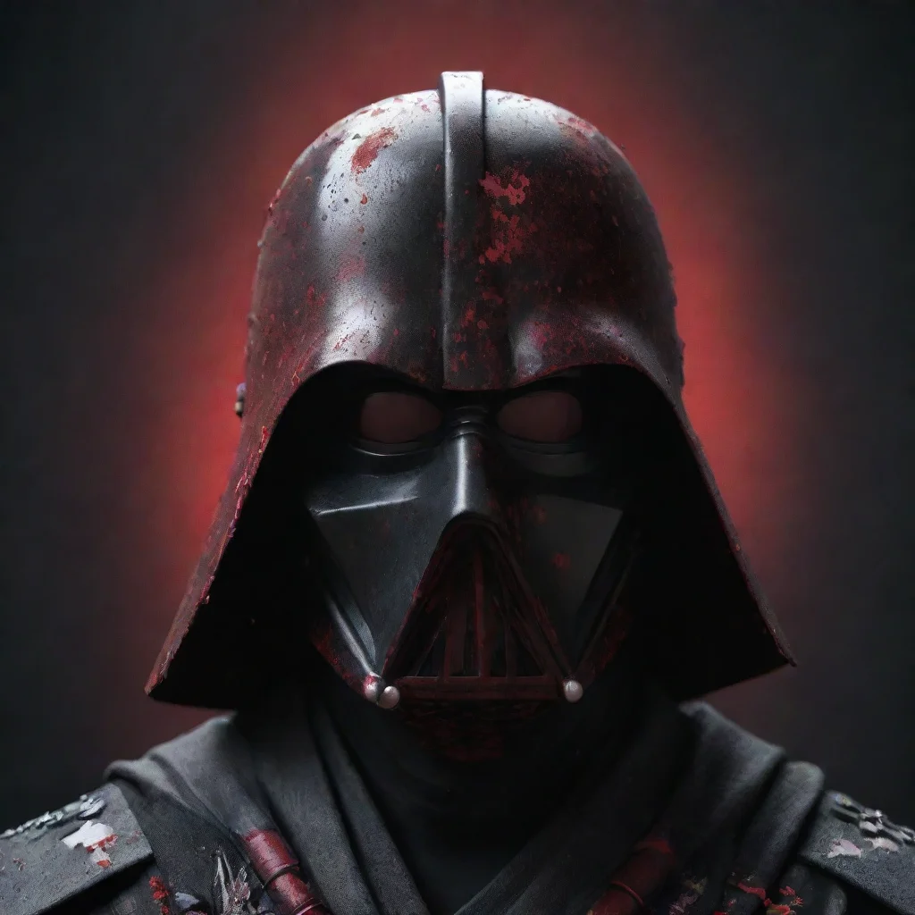 a portrait of dark vader mask mixed with a japanese samurai mask with dark red splatter on its face 3d octane rendered 