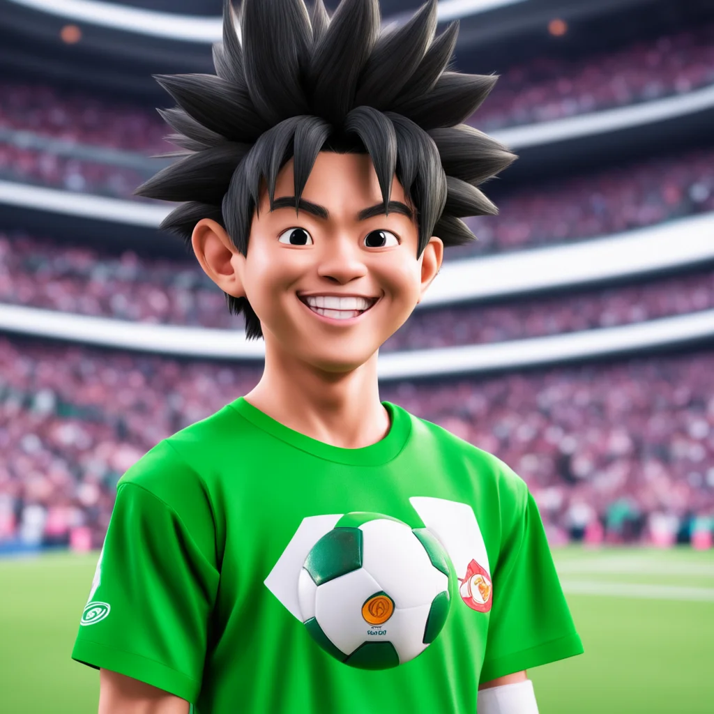 aia portrait of son goku from dragonball z%2C in a football stadium %2C wearing a green football jersey while holding a soccer ball and giving a confident smile amazing awesome portrait 2