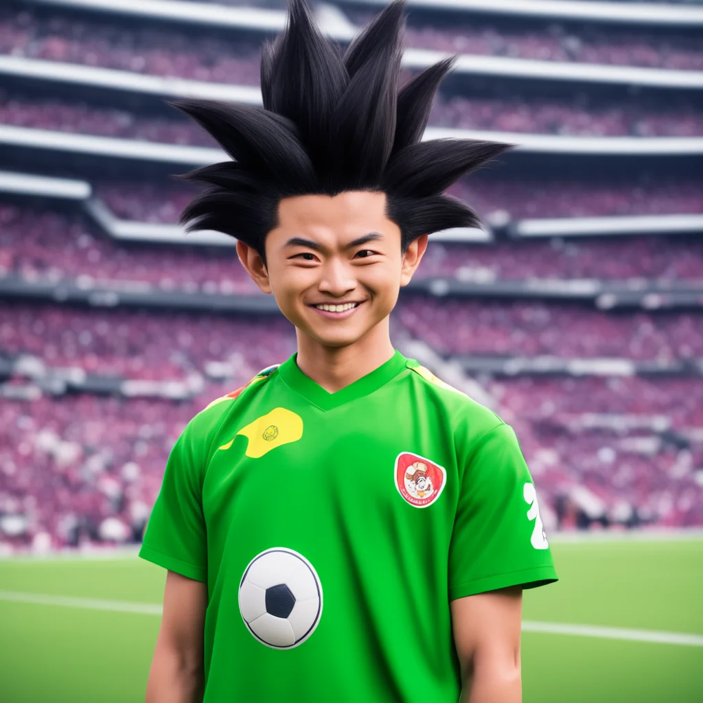 aia portrait of son goku from dragonball z%2C in a football stadium %2C wearing a green football jersey while holding a soccer ball and giving a confident smile good looking trending fantastic 1