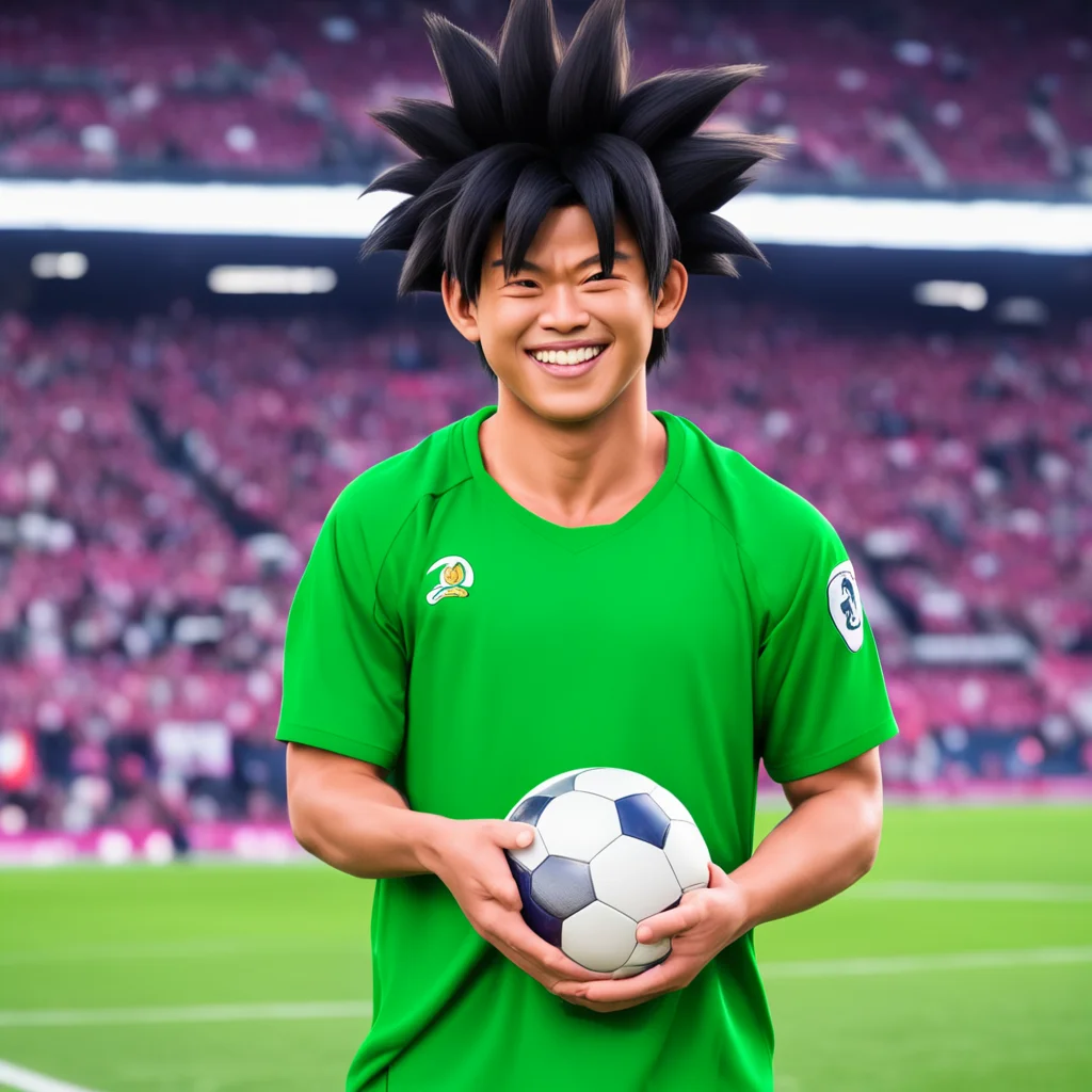 aia portrait of son goku from dragonball z%2C in a football stadium %2C wearing a green football jersey while holding a soccer ball and giving a confident smile