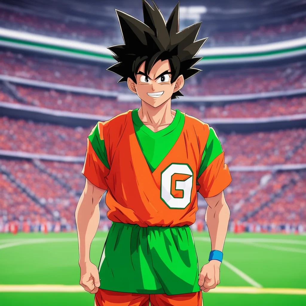 aia portrait of son goku from dragonball z%2C standing in a football stadium wearing an orange and green jersey . he gives a confident smile and is drawn in the style of the anime