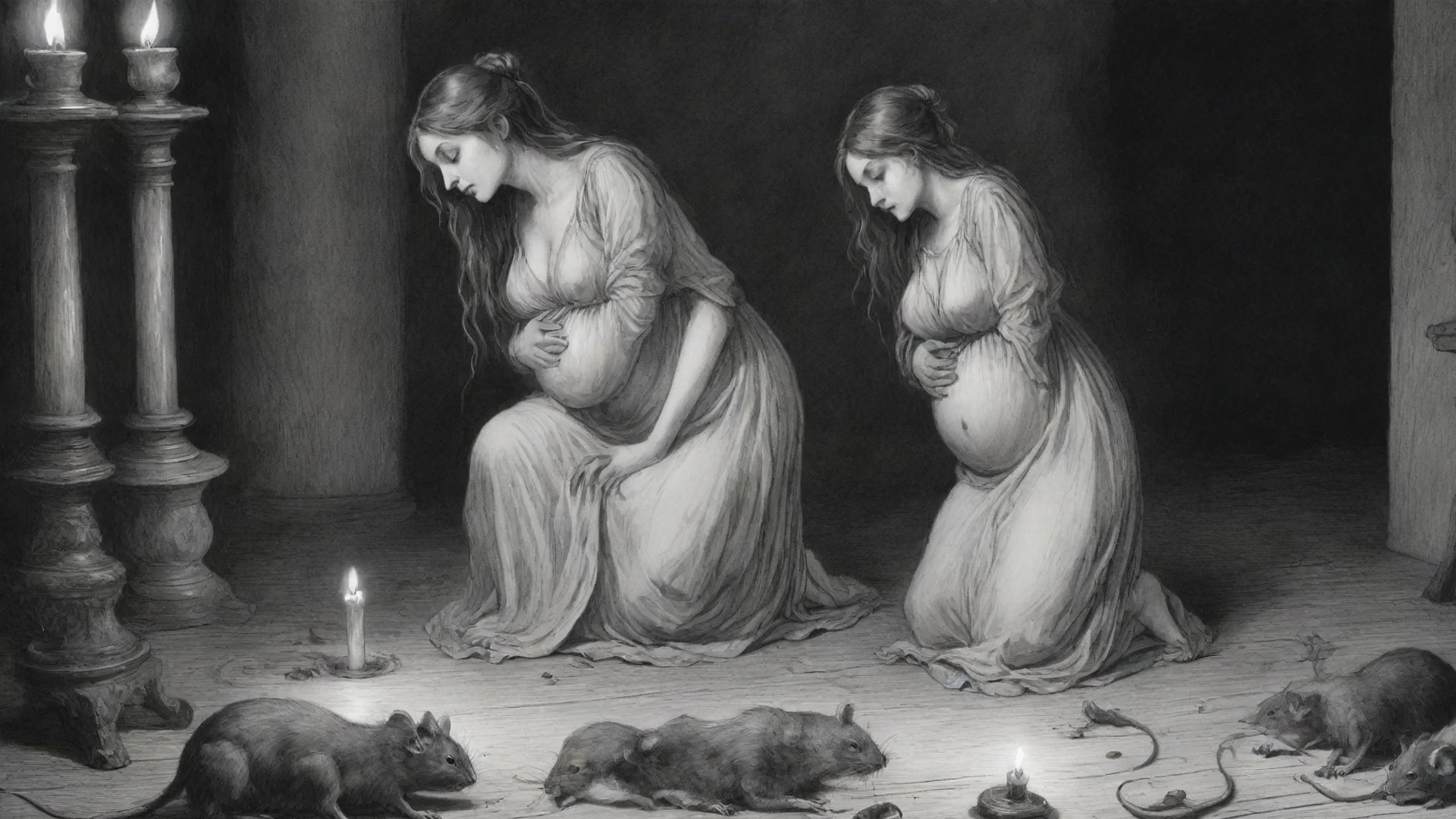 aia pregnant woman%2C candle%2C rats on the floor%2C horror scene%2C ink drawing%2C in style of gustave dore. wide