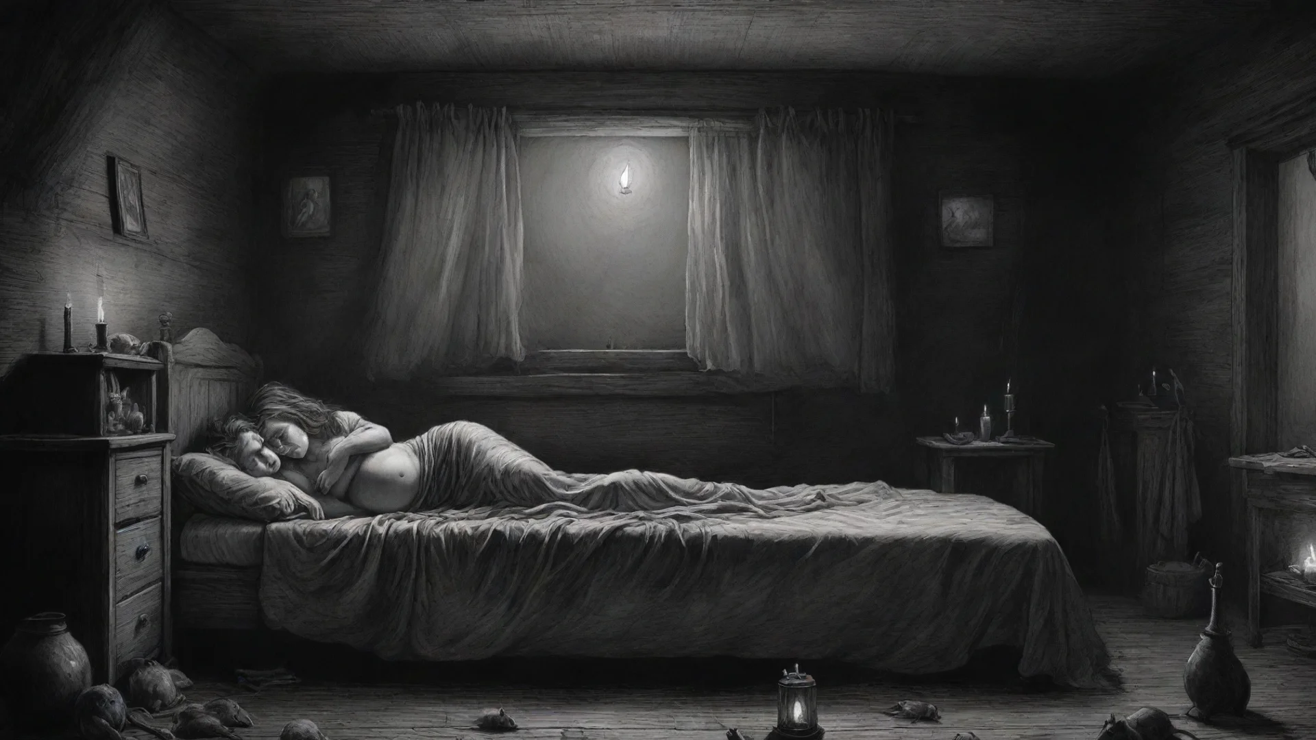 aia pregnant woman on bed in a cabin%2C dark room%2C candle light%2C rats on the floor%2C horror scene%2C ink drawing%2C in style of gustave dore. wide