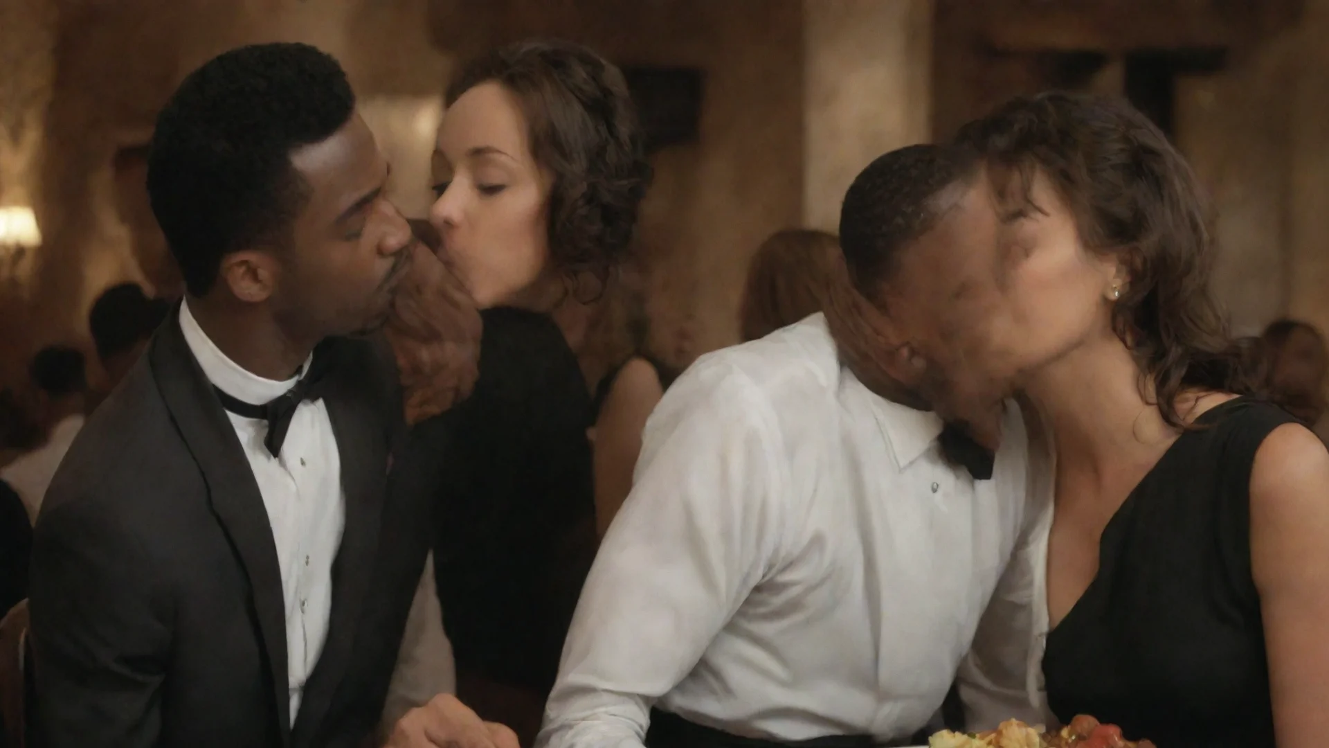 a pretty wife kissing a black waiter leaning over her at a chic restaurant wide