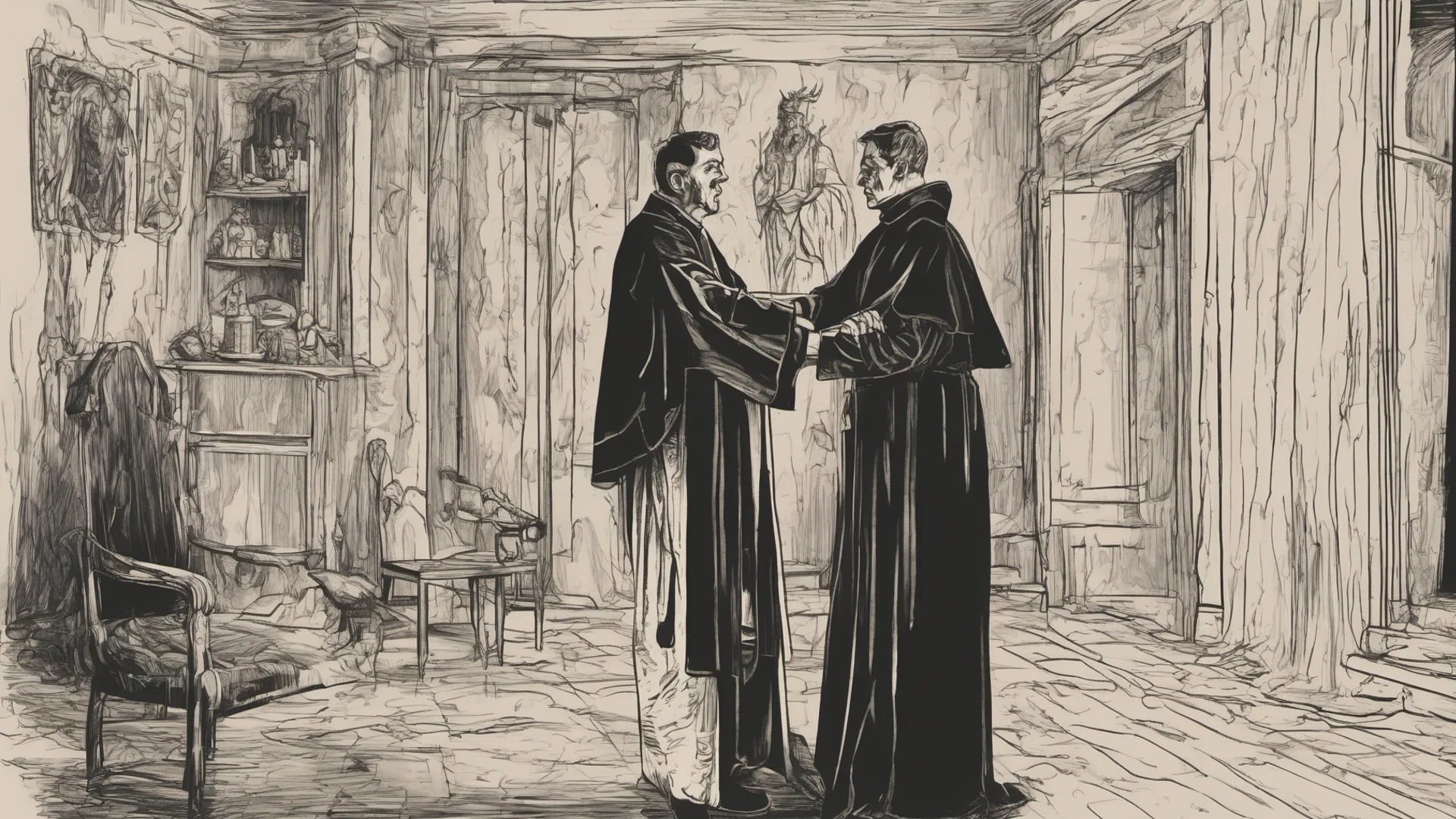 a priest is talking to a devil inside a dark room amazing awesome portrait 2 wide