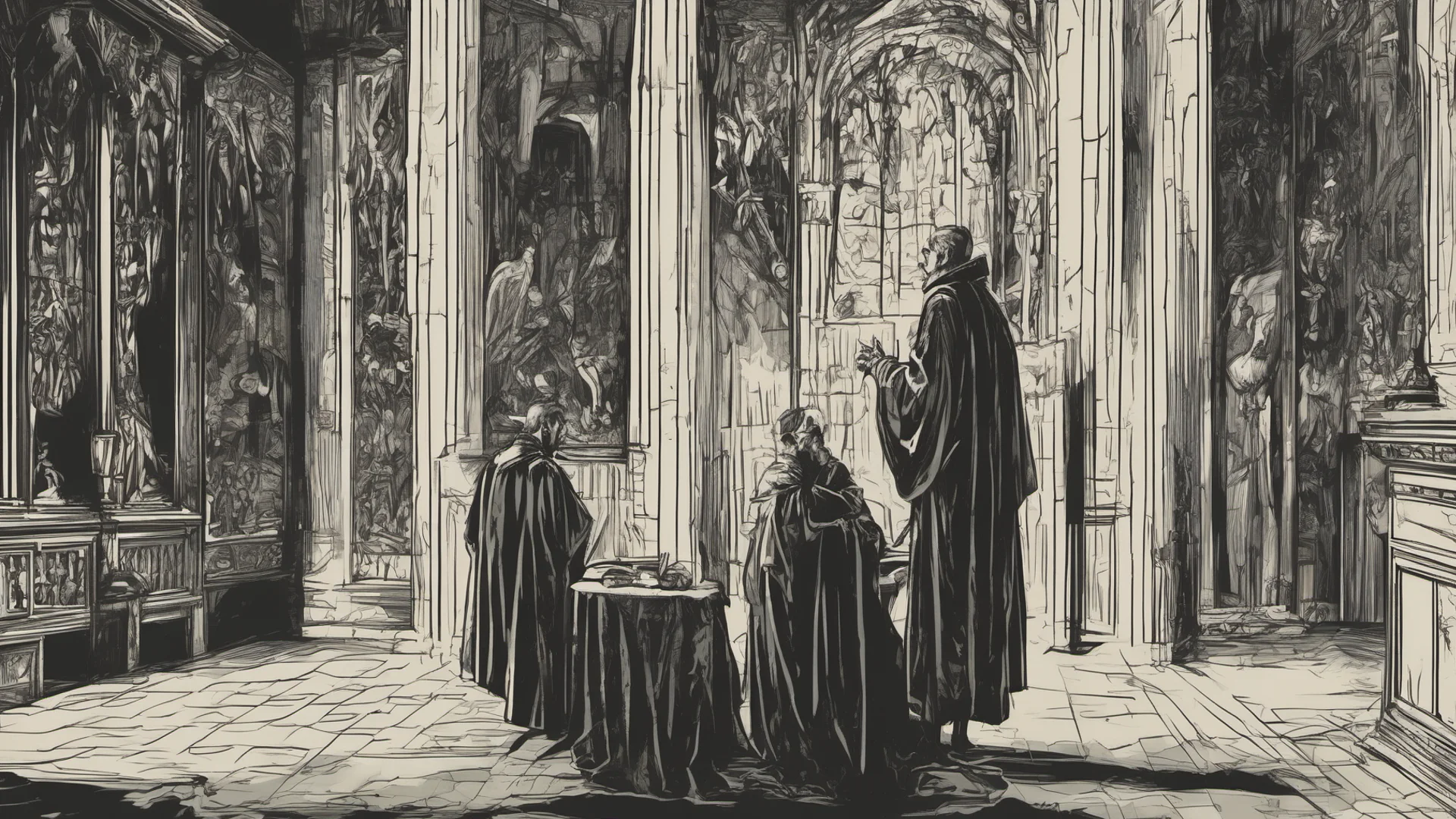 a priest is talking to a devil inside a dark room wide