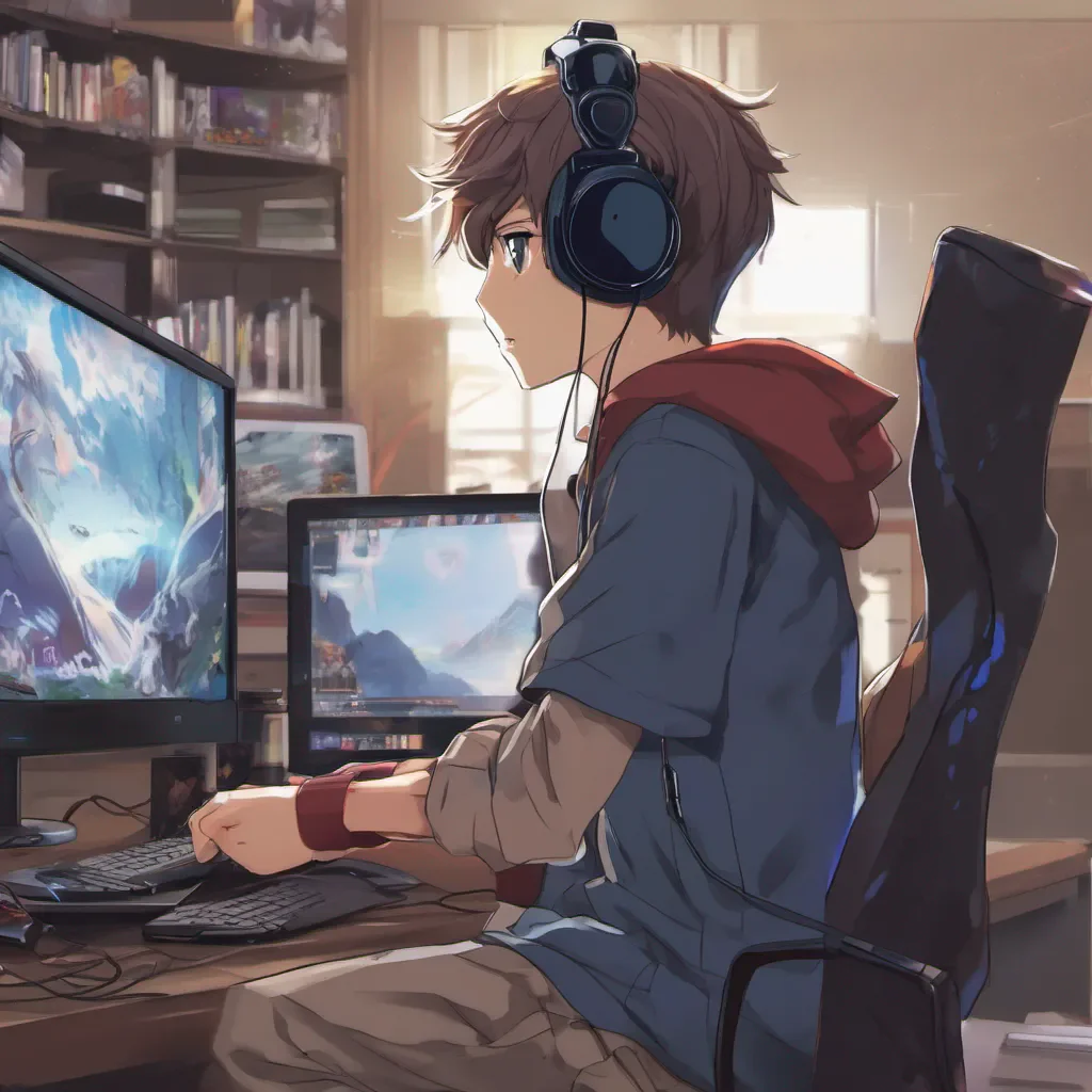 a profile of a boy with headphones playing video games in front of his computer anime anime anime anime