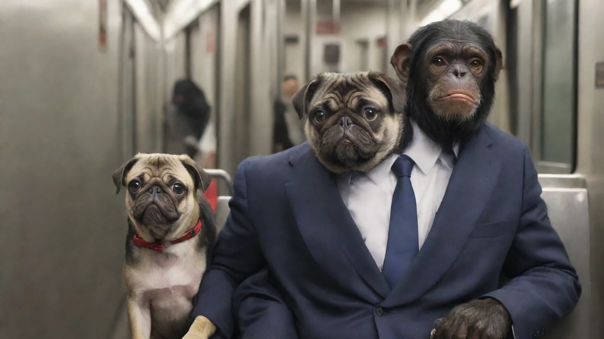 aia pug and a chimpanzee wearing business suits riding the subway to work. wide