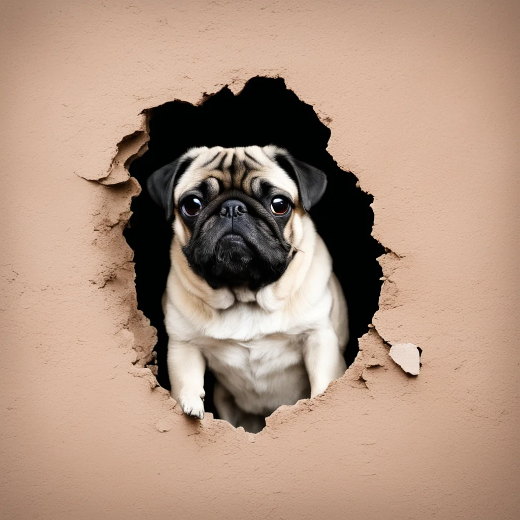 aia pug looking through a hole in the wall